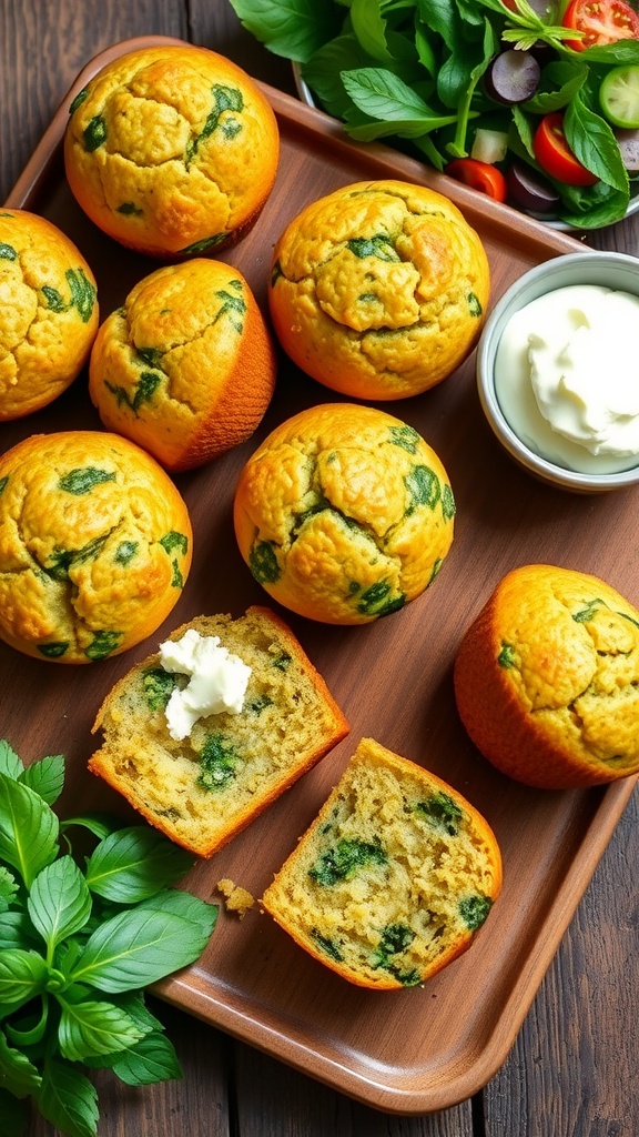 A tray of savory spinach and zucchini muffins, with bits of green visible, on a wooden table.